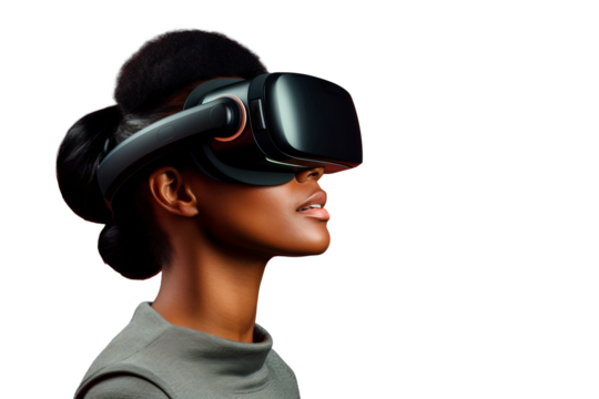 Portrait of African American woman using virtual reality headset, isolated on white background