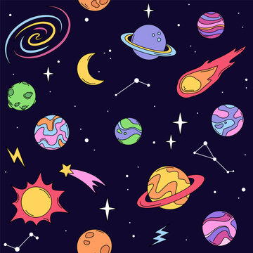 Space, planets and stars seamless pattern, background. Cartoon drawings, vector doodle illustrations.
