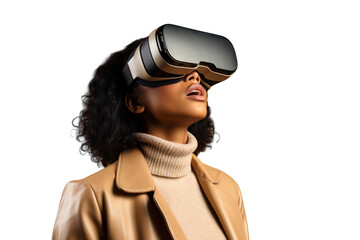 Portrait of African American woman using virtual reality headset. VR, future, gadgets concept isolated on white background