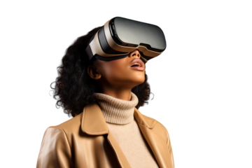 Portrait of African American woman using virtual reality headset. VR, future, gadgets concept isolated on white background