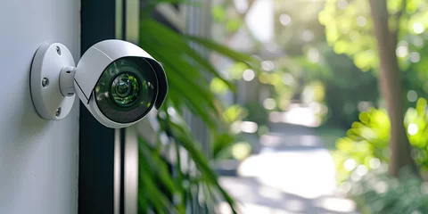 Fototapeten Modern Home Security CCTV Camera. Close-up of a modern CCTV camera mounted on a home's exterior wall for security surveillance, with a residential background. © dinastya