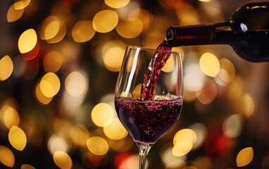 Pouring glass of red wine from a bottle, bokeh background