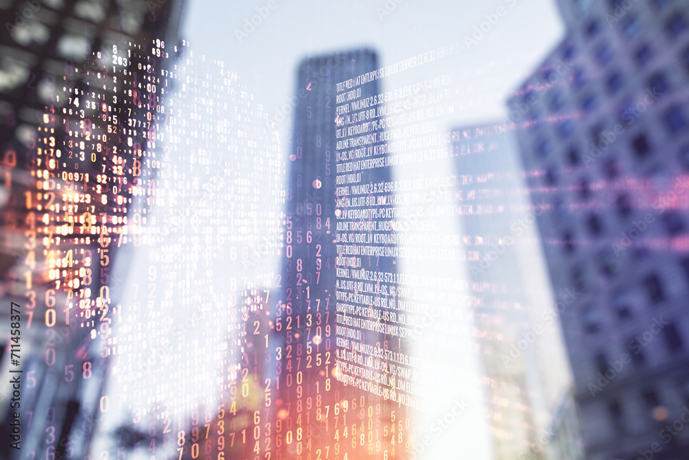Poster double exposure of abstract virtual creative code skull hologram on modern skyscrapers background. m
