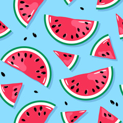 Juicy watermelon slices with seeds seamless pattern. Tropical summer fruit, berries background. Bright vector drawing