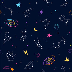 Zodiac constellation seamless pattern, space background. Cartoon, comic doodle illustration with stars, planets, galaxies.