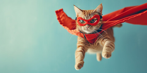 Superhero cat, cute kitten in a cloak and mask jumps and flies - obrazy, fototapety, plakaty