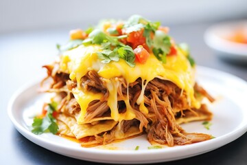 stacked carnitas enchiladas with melted cheese on top