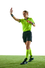 Serious woman, soccer referee gesturing, raising hand forward , stopping game and showing red card...