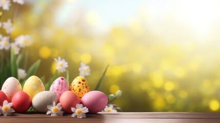 Easter eggs on wooden tabletop and blurred spring meadow as background, Space for text
