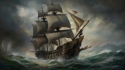 Naklejka premium An intricately depicted pirate ship navigating through a raging storm, billowing sails in the tumultuous winds, captured with detailed realism in an oil painting style - Generative AI