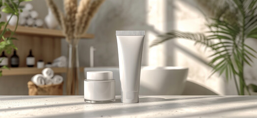 Blank Tube on Table at Bathroom, Cosmetic Mockup Concept of Skin Care and Cosmetic Advertising