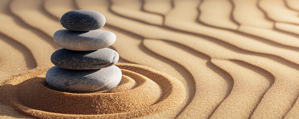 Stacked zen stones, sand, background, balance art
