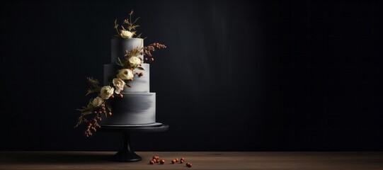 Three-tier gray cake decorated with a flower sprig on a stand on a black background. Concept for celebrating birthday, anniversary, wedding. Еmpty space for text. Banner.

