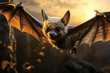 Foto op Aluminium An agile common pipistrelle gracefully soars through the vast expanse of the open sky, its sleek mammalian form a testament to the wonders of nature © familymedia