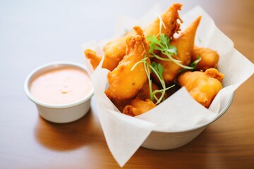 nuggets in a paper cone with dipping sauce