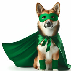 Superhero dog with green cape and mask isolated on white background