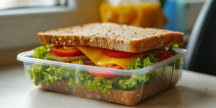 plastic lunch box with mustard sandwich
