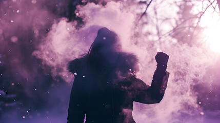 Photograph of a woman silhouette closing fist of up high in a winter park snowing. Purple smoke color palette. Women's day. 8M
