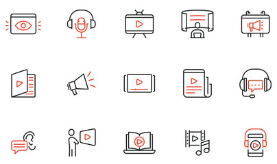 Vector Set of linear icons to live video content, online streaming and media product. Mono line pictograms and infographics design elements