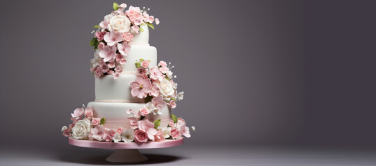 Cake decorated with sakura flowers on a stand on a gray background. Concept for celebrating birthday, anniversary, wedding. Еmpty space for text. Banner.

