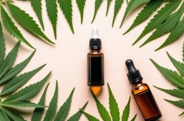 top view of cannabis oil bottles among leaves, flat lay. medical and cosmetic usage of marijuana.