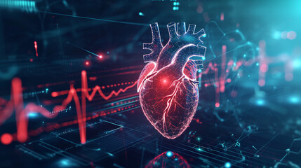heartbeat rhythm hologram and heart icon - obrazy, fototapety, plakaty