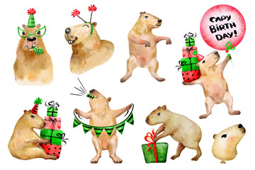 Cute capybara clipart set with white background, Capy birth day   illustration kit, Funny animals Bday images, Cartoon capybara with gifts