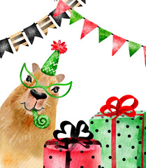 Funny Capy Birth Day cartoon capybara illustration, Birthday cake with candles, gifts and presents polka dot print white background, party theme digital drawing