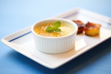 creme brulee in a white dish with a blue backdrop