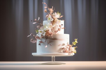 Two-tier white cake decorated with sakura branches on a stand on a gray background. Concept for celebrating birthday, anniversary, wedding.
