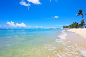 Fototapeta na wymiar Panoramic view of a beach paradise under a brilliant blue sky and gentle ocean waves, Generative AI