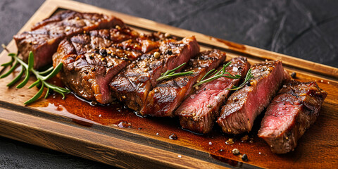 Juicy grilled beef steak with perfect sear marks - obrazy, fototapety, plakaty
