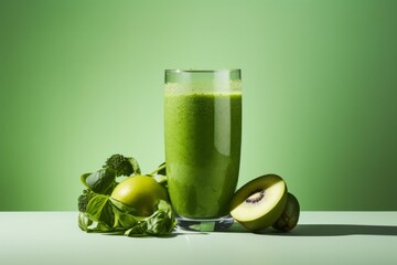 Green smoothie in a tall glass on the table with green fruits on a green background. The concept of healthy eating and proper lifestyle. Еmpty space for text.

