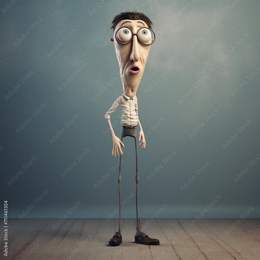 Poster funny cartoon man standing with short torso generative ai