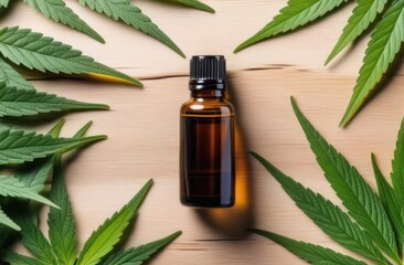 top view of brown cannabis oil bottle among leaves, flatlay. cosmetic and medical usage of marijuana