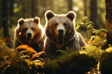 Fototapeta premium Two majestic brown bears roam through the forest, their snouts pointed towards the sky as they bask in the freedom of the great outdoors