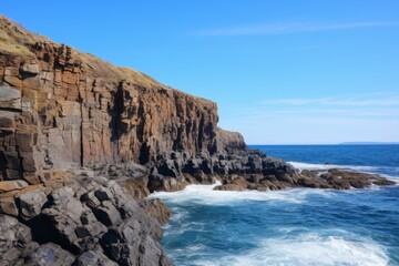 Fototapeta na wymiar Rocky cliffs by the sea, with waves crashing below and a cloudless blue sky above, Generative AI