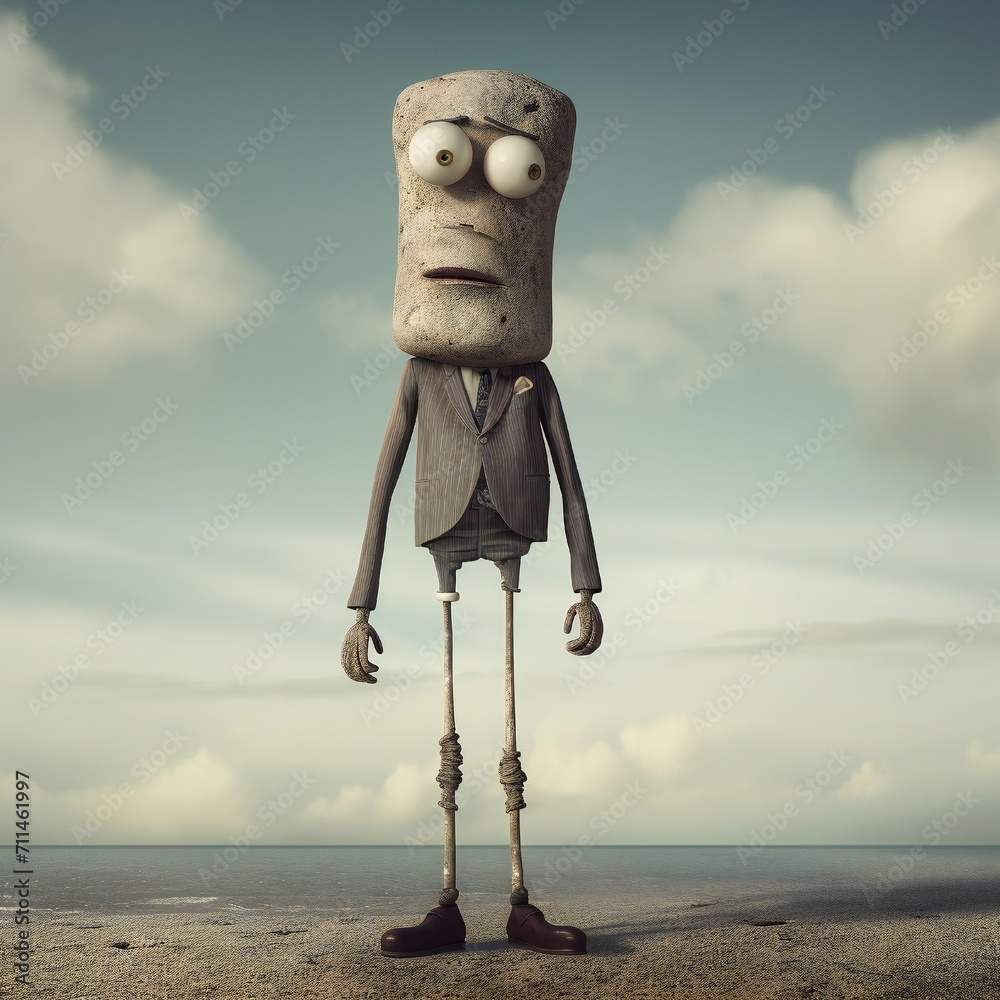 Poster funny cartoon man standing with short torso generative ai