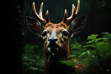 A majestic stag with impressive antlers stands proudly in the rain, embodying the beauty and strength of a wild terrestrial animal