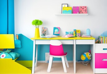 Working table in kid's room. Interior and design of modern bright and spacious children's room for preteen child.