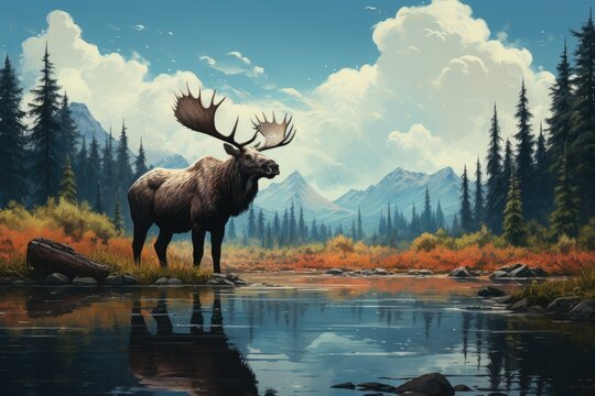 A majestic moose gazes at its reflection in the tranquil lake, surrounded by the lush greenery of the mountains and a serene sky above