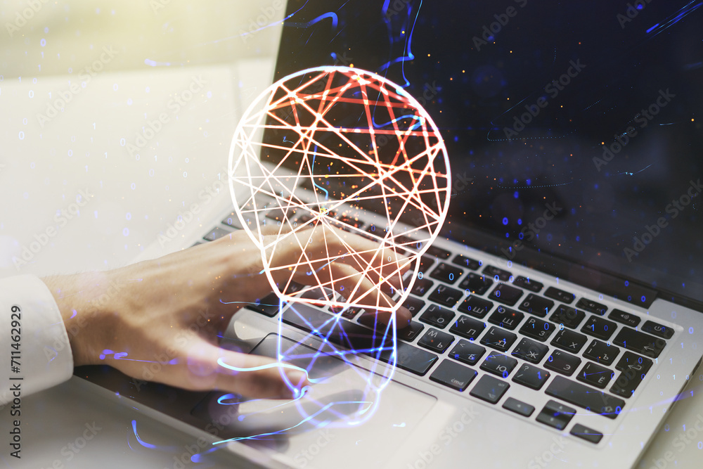 Poster creative light bulb illustration with hands typing on computer keyboard on background, future techno