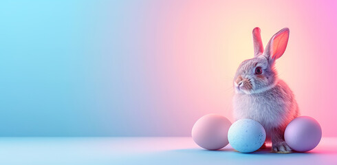 Fototapeta na wymiar Happy Easter, white rabbit with eggs on a light background. 