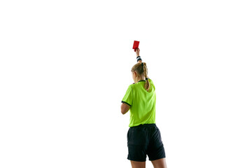 Serious woman, soccer referee gesturing, raising hand, stopping game and showing red card against...