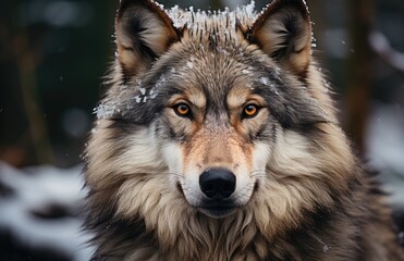 Naklejka na ściany i meble A majestic red wolf stands proudly in the winter snow, its snout covered in frost, embodying the fierce and resilient spirit of a wild, outdoor mammal
