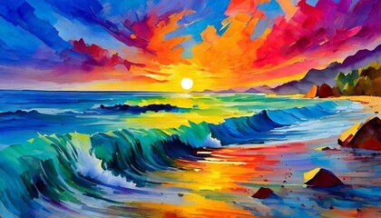 sunset over the sea.a sun setting over the ocean. Employ swirling patterns of warm oranges blending into cool blues, creating a dynamic and visually engaging representation of the natural phenomenon
