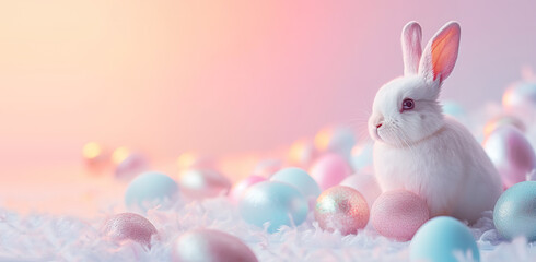 Naklejka na ściany i meble Happy Easter, white rabbit with eggs on a light background. 