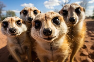 A curious pack of terrestrial mammals, including meerkats and dogs, gazes up at the vast sky with inquisitive snouts, their soft fur blending into the rugged ground beneath them - Powered by Adobe