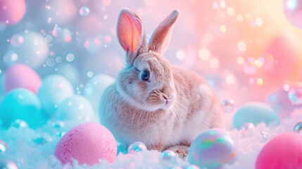 Happy Easter, white rabbit with eggs on a light background. 