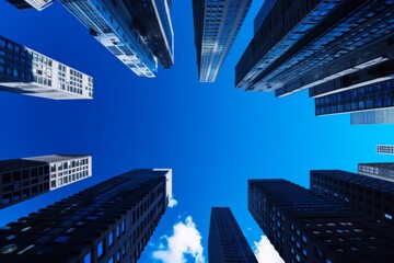 Fototapeta na wymiar Urban skyline with skyscrapers reaching into a vibrant, deep blue city sky, Generative AI